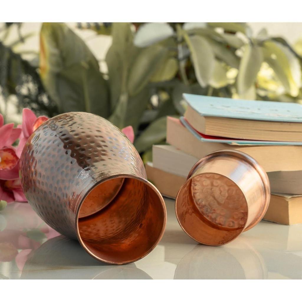Pure Copper Bedroom Water Bottle with Inbuilt Glass, Hammered Antique Design - Drinkware & Storage Purpose, Volume 950 ml (Pack of 1)