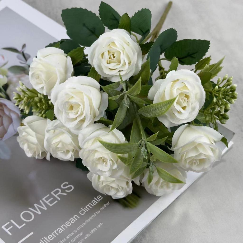 10-Head Silk Flowers Artificial Small Roses Vintage  for Wedding Desk Home Party DIY Bouquet Decor Fake Roses Flower Arrangement