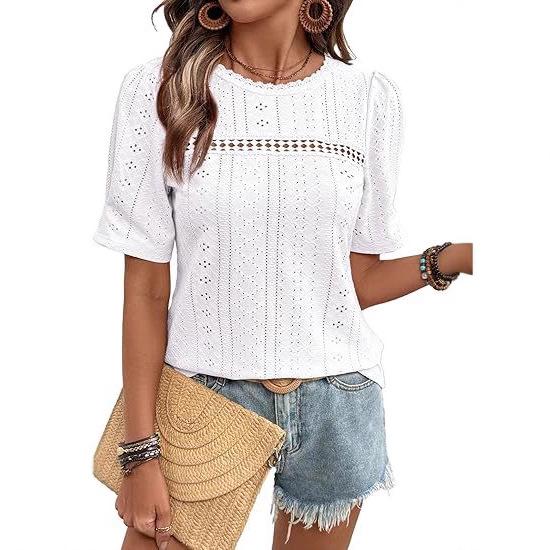 2026 Women's Summer Lace Top: Round Neck, Short Sleeve, Fashionable Hollow Design