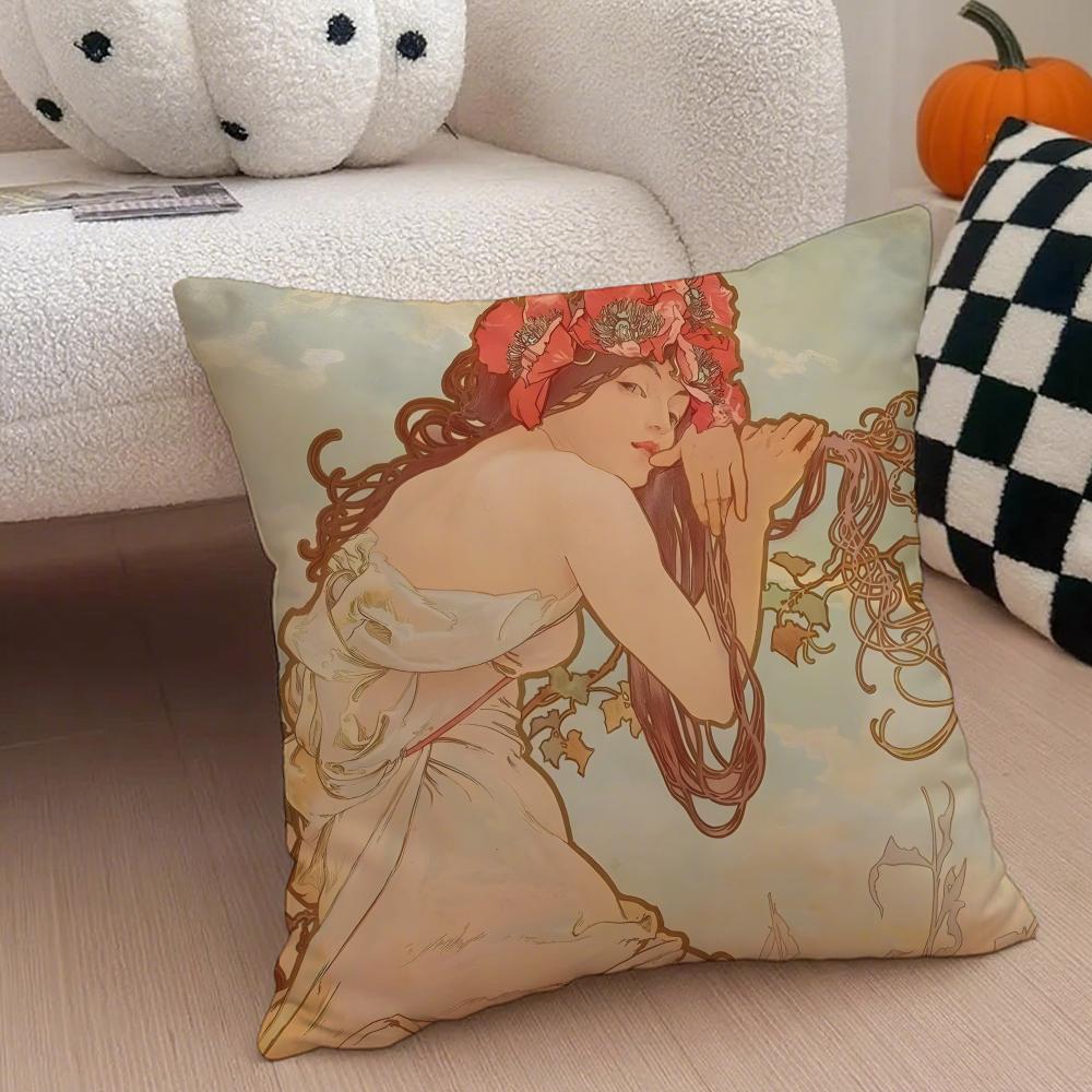 A-Alphonse Maria M-Mucha Cushion Cover Linen Pillow Case Soft Breathable Protective Couch Room Decoration