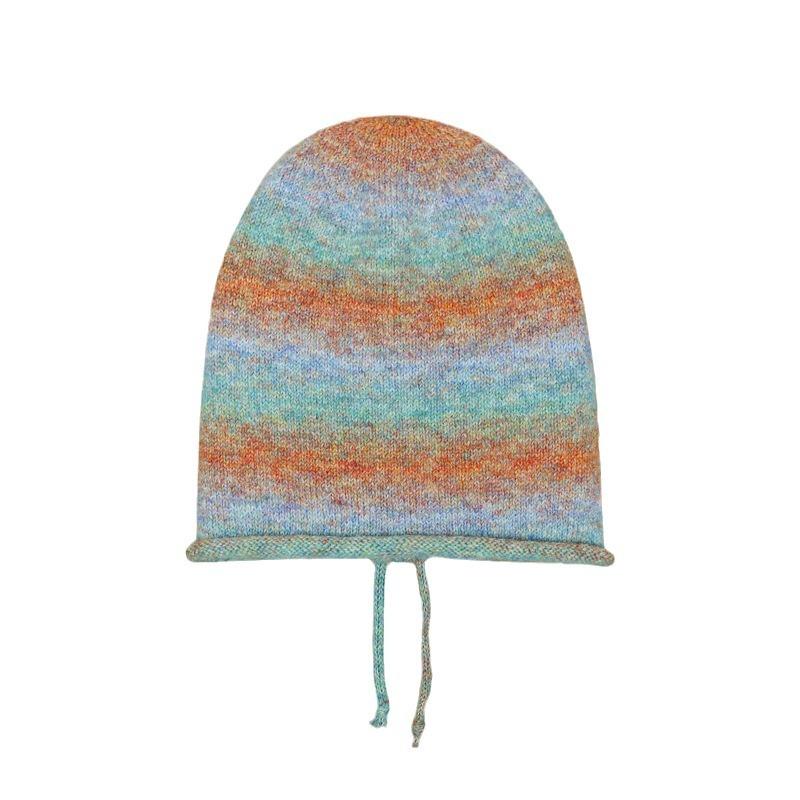 Autumn And Winter Women'S Wool Colored Knitted Yarn Hat, Fashionable Gradient Color Drawstring Pile Hat, Face Enhancing Small Pullover Hat