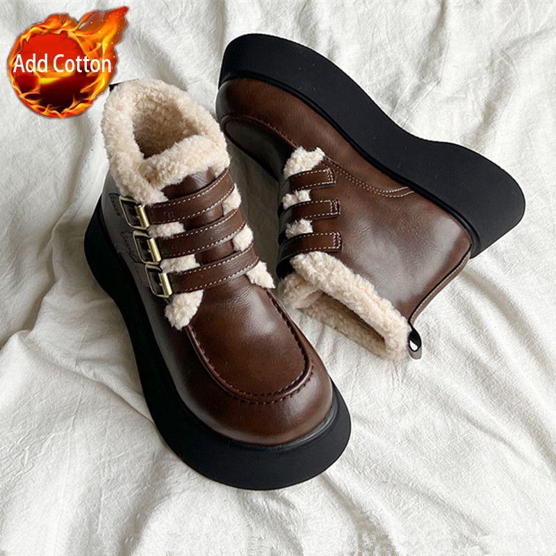 Fashion Winter Leather Round Toe Chunky Plush Woman Shoes Comfortable and Elegant Lamb Booties New Rock Goth Padded Snow Boots for Women