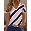 Summer Fashion Comfortable Loose Large T-shirt Striped Grid 3D Printed Casual Breathable Versatile V-neck Short Sleeved Women's T-shirt