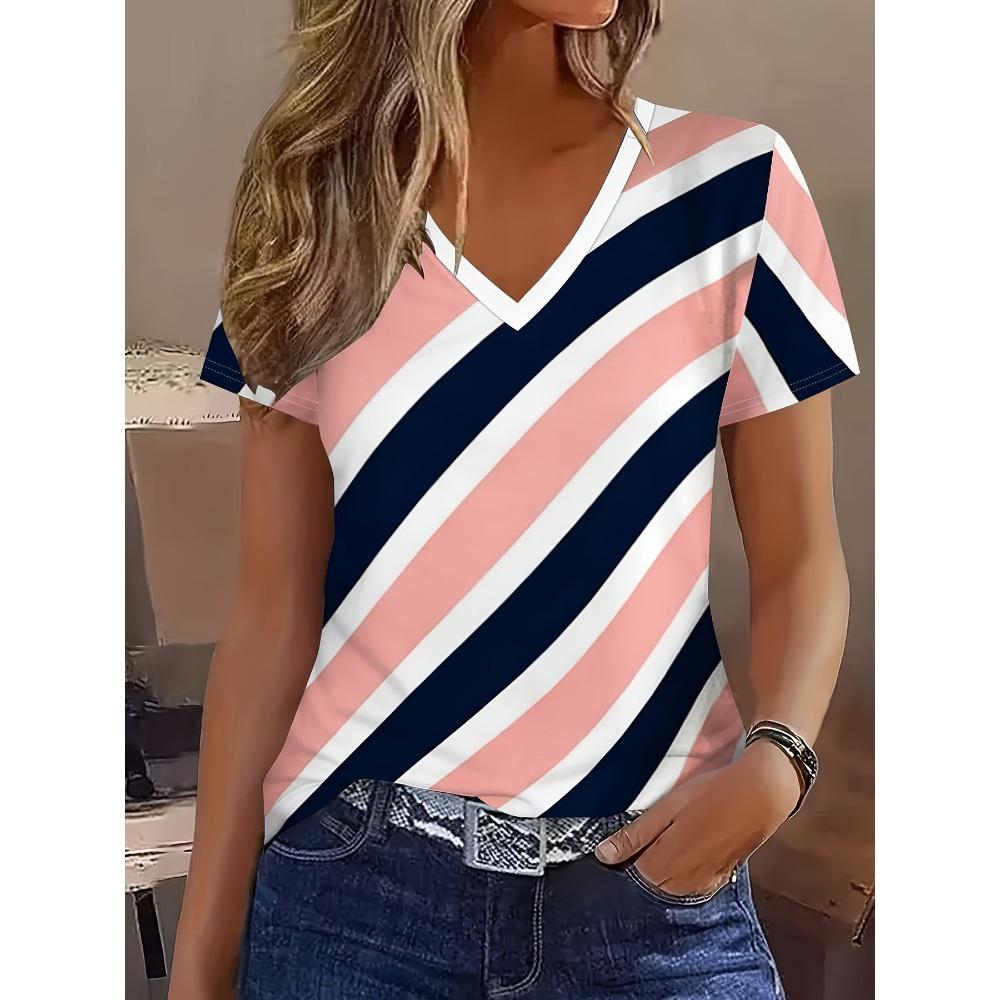 Summer Fashion Comfortable Loose Large T-shirt Striped Grid 3D Printed Casual Breathable Versatile V-neck Short Sleeved Women's T-shirt
