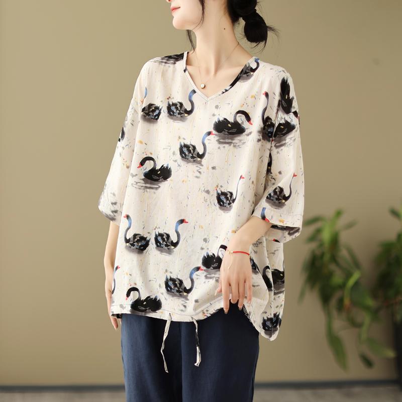 

Летняя тонкая рубашка с короткими рукавами MOJTA, хлопковая блузка, женская свободная футболка с v-образным вырезом one size