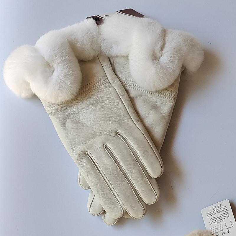 Women Winter Genuine Sheepskin Leather Glove With Rex Rabbit Fur Cuff Warm Winter Female Genuine Leather Gloves Hand Warmer