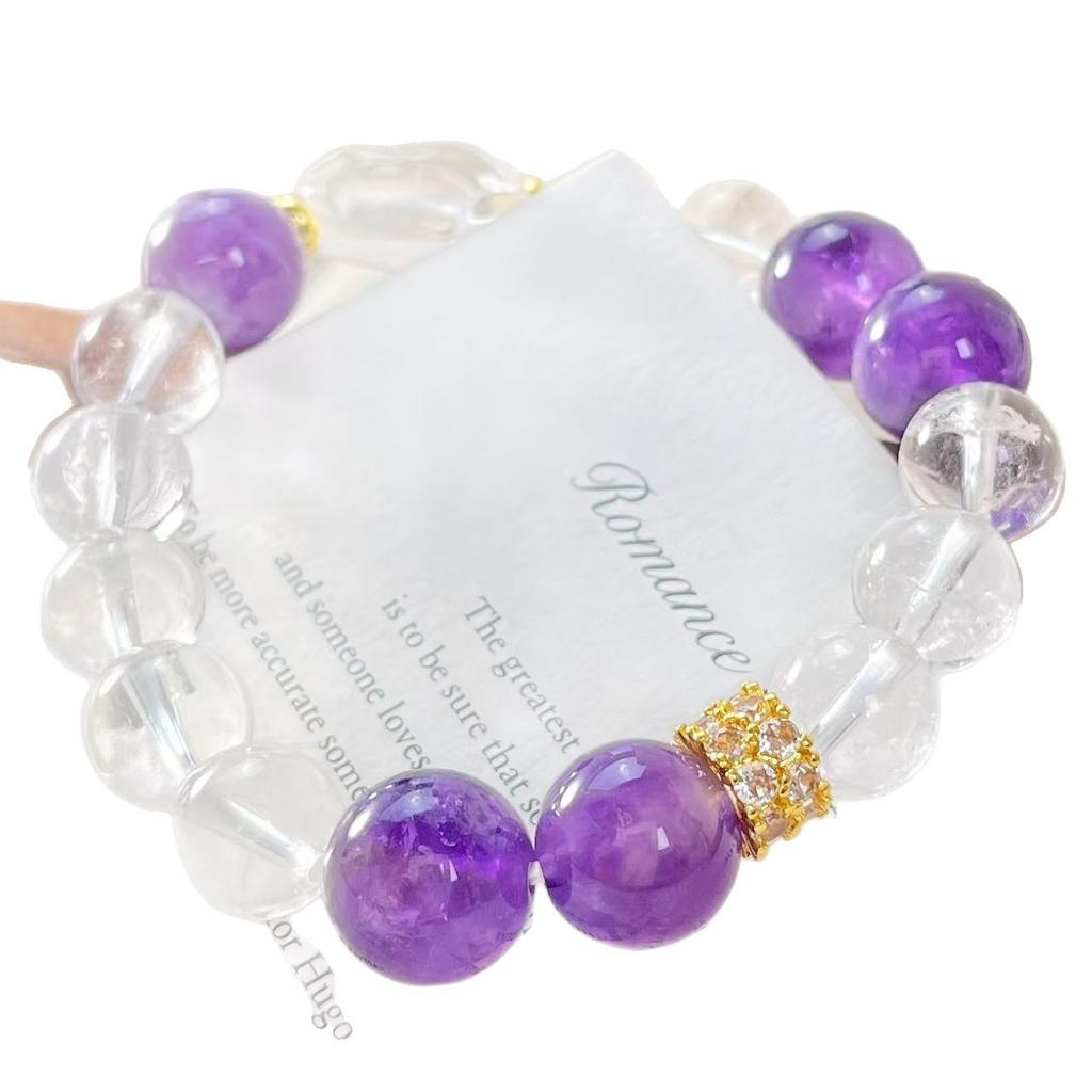Vintage Natural 10Mm White Crystal 12Mm Amethyst Design Bracelet Bracelet