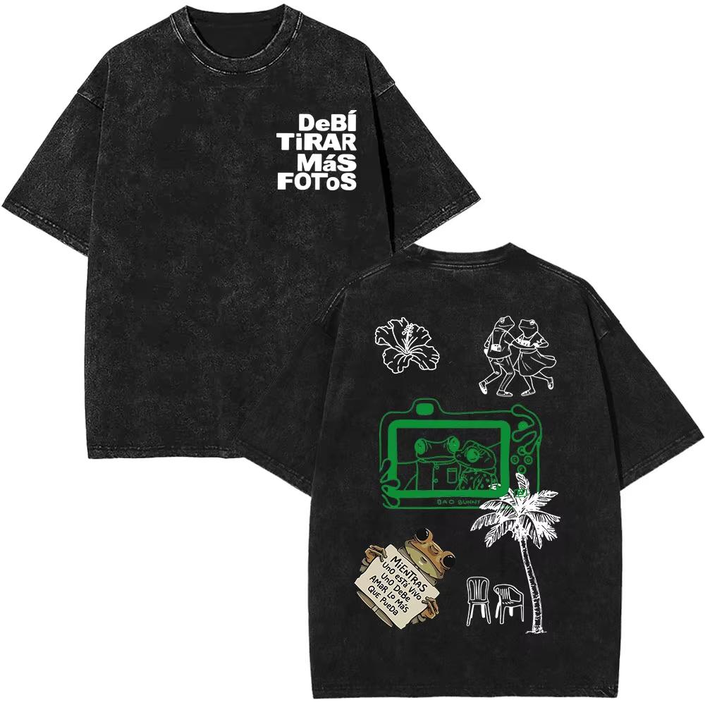 Rapper Bad Bunny Tour Debi Tirar Mas Fotos DTMF Merch Tshirts Men Fashion Summer Hip Hop Vintage Washed Tshirts Streetwear