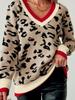 2025 Fall/Winter Women's V-neck Leopard Print Color Block Sweater