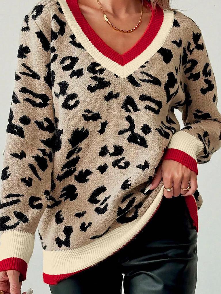 2025 Fall/Winter Women's V-neck Leopard Print Color Block Sweater