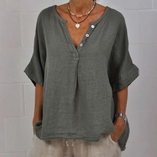 Cotton Linen Women Shirt V-Neck Buttons Half Placket Half Sleeve Breathable Loose Fit Tops Daily Wear