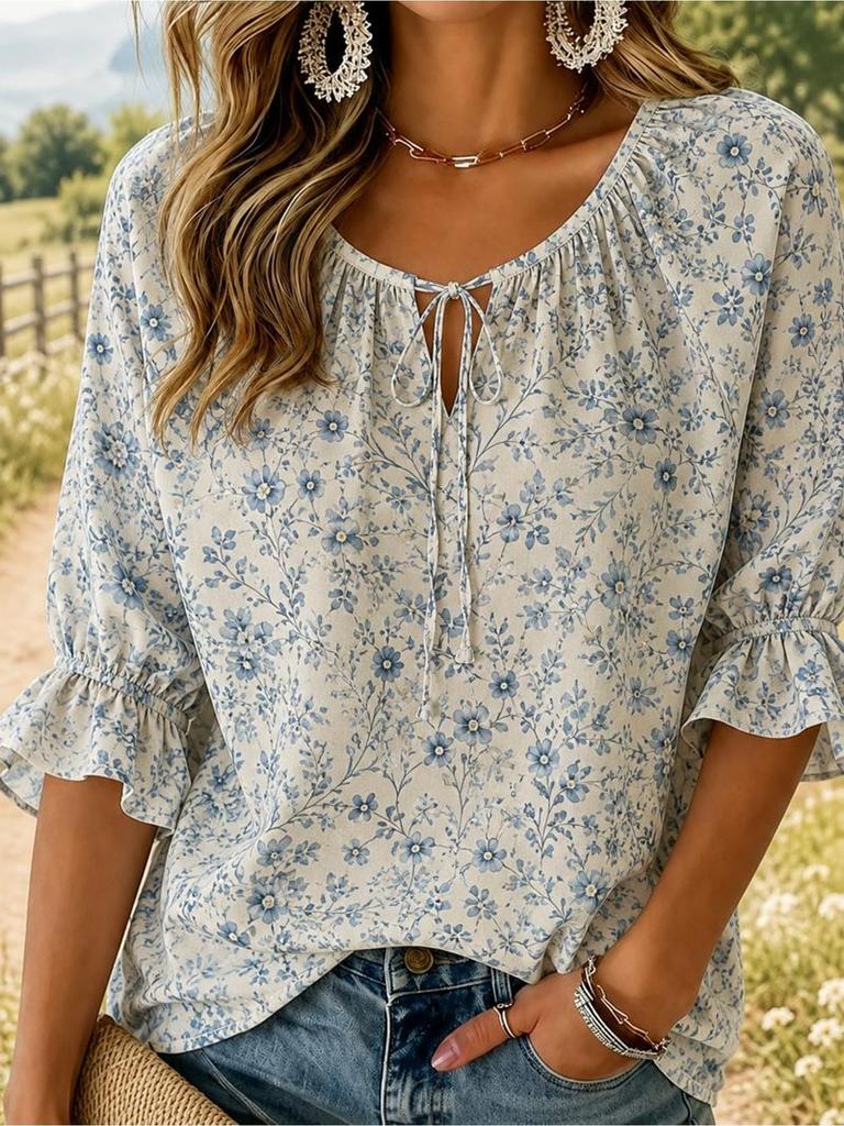 Women Round Neck Tie Knot 3/4 Ruffle Sleeve Tiny Floral Print Daily Blouse,for Daily, Travel and Office Wear
