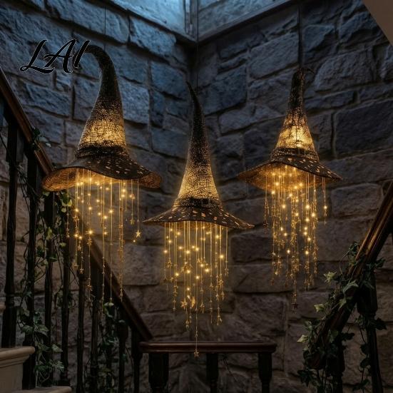 Décorations d'Halloween Intérieures Chapeau de Sorcière Lumineux Décor Suspendu Sorcier Lumineux LED Guirlande Frange Étoile Scintillante Porche Extérieur Plafond Effrayant