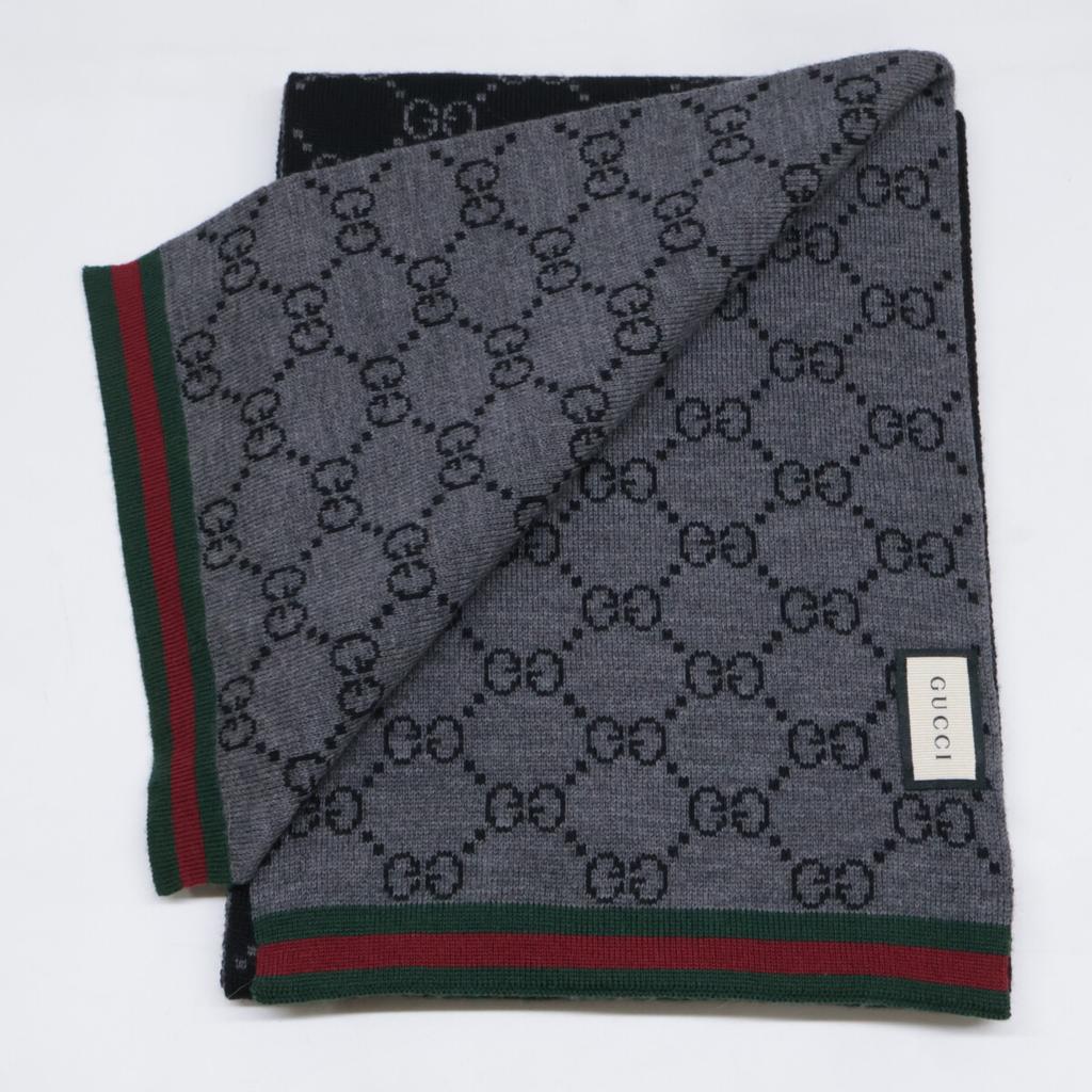 GUCCI GG logo Sherry line knit Scarf Black GreyUsed