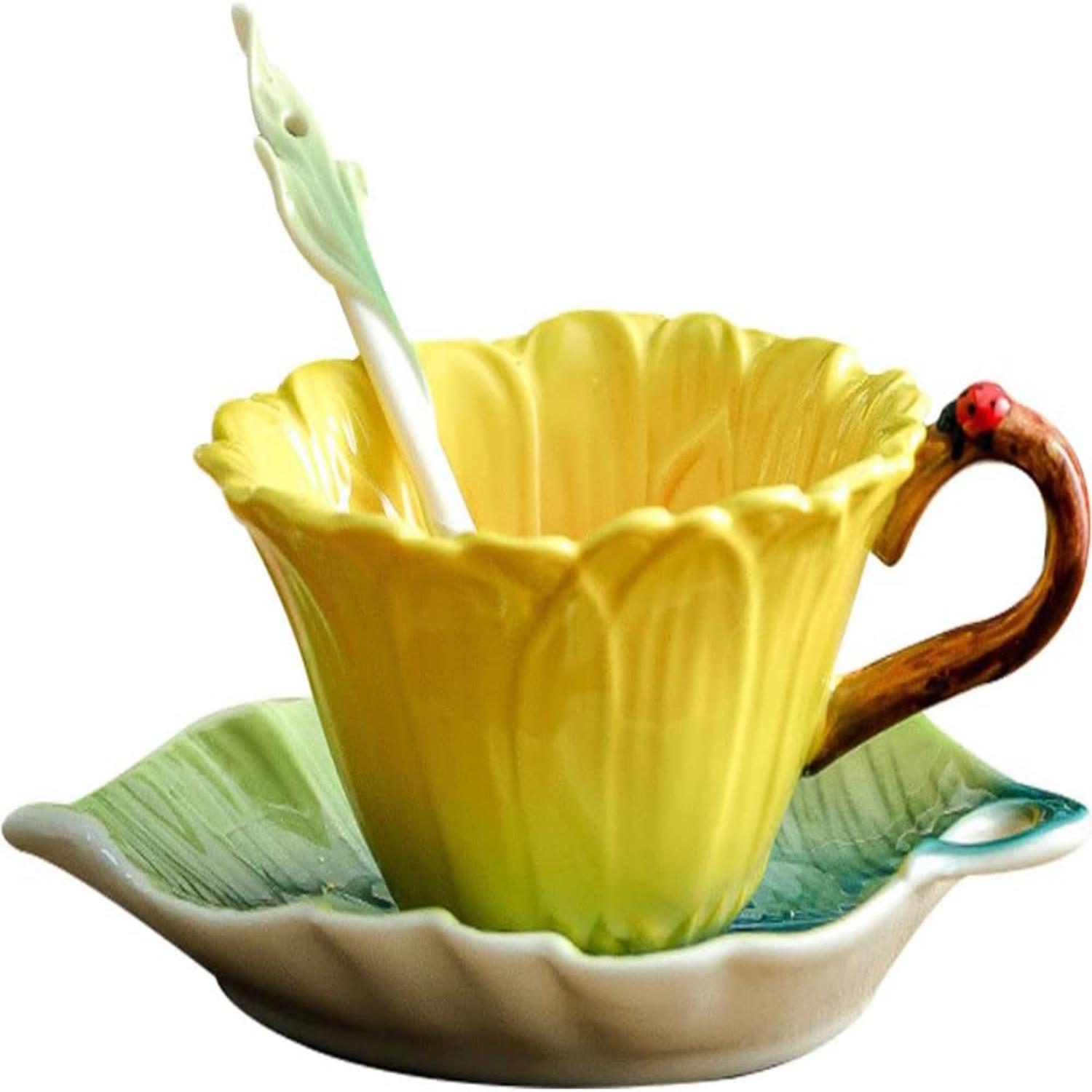 

Набір керамічної 3D чашки для кави та блюдця з ложкою Соняшник - Вінтажна квіткова чашка для чаю з декоративною ручкою - Унікальний подарунок на день народження, весілля жовтий