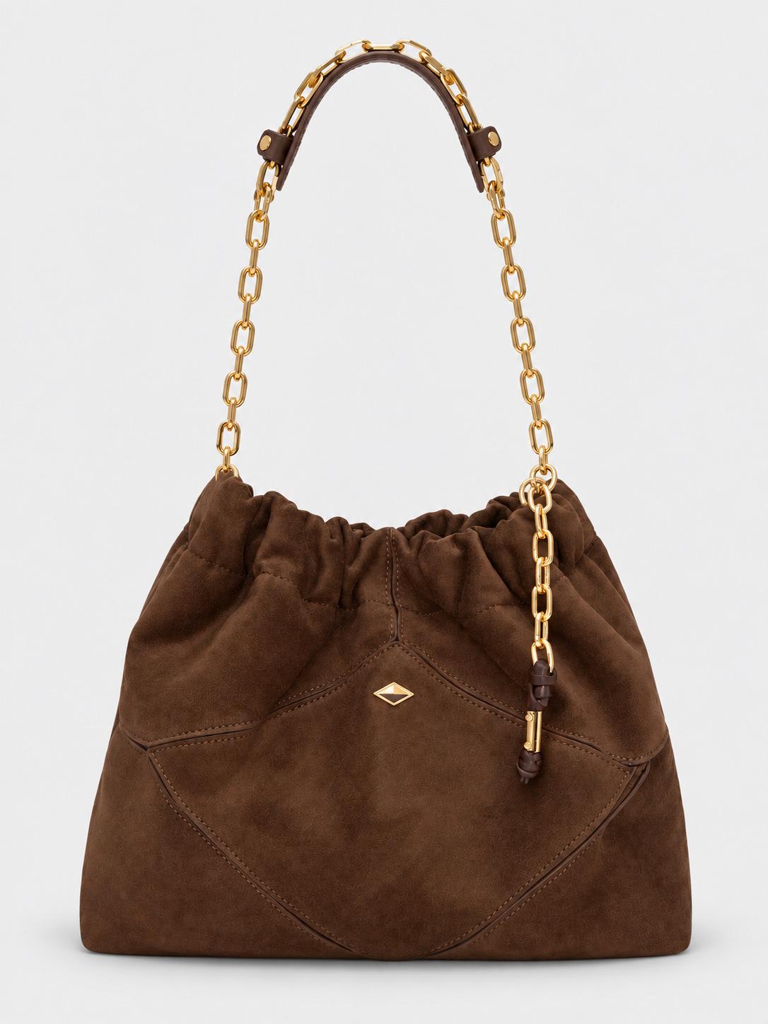 Brown Bucket Bag, Suede Drawstring, Single