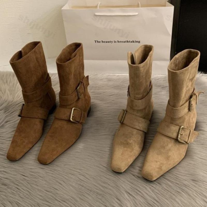 Fashion 2025 New Suede Ankle Boots Metal Buckle Belt Sexy Square Toe Suqare Heel New Arrivals Fashion Women Low-heel Modern Botas Mujer
