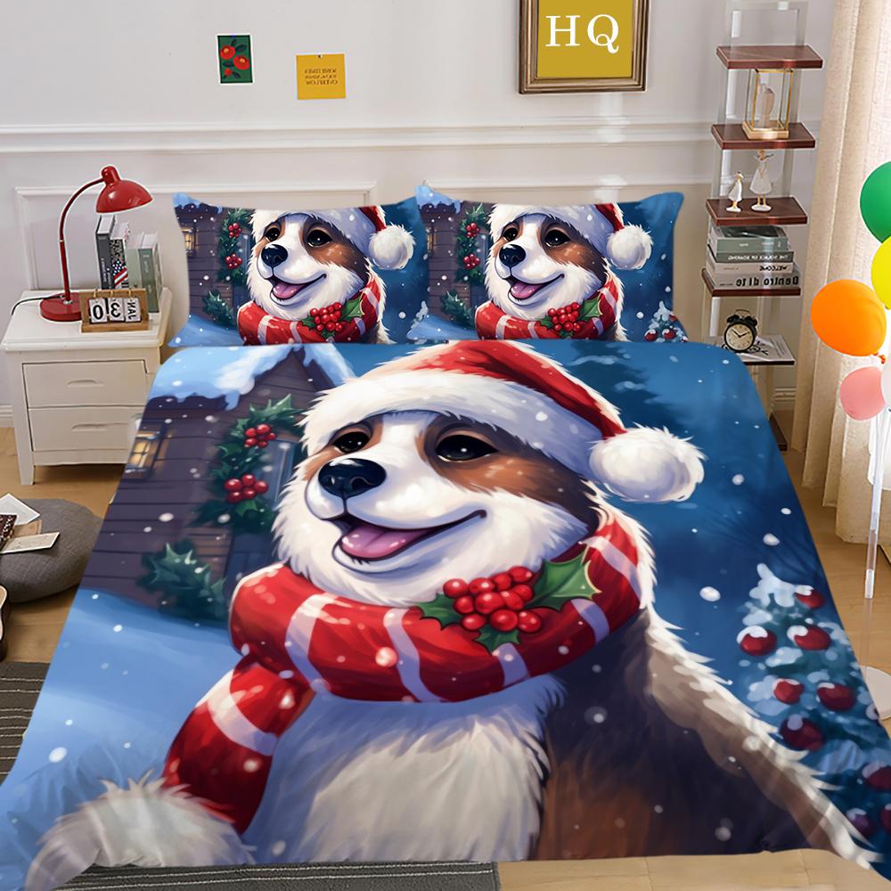 Kemila 3D Cartoon Christmas Bedding Set Duvet Cover Pillowcases Pet Cat Dog Polyester Quilt Cover Gift For Girls Twin Queen King Home Decor