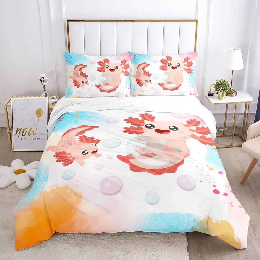 Karton Axolotl Weiches Bettbezug-Set Süßes Salamander-Bettwäsche-Set Kawaii Tierdecke Warme Deckenbezug für junge Jungen junge Mädchen Frauen Schlafzimmer Dekor