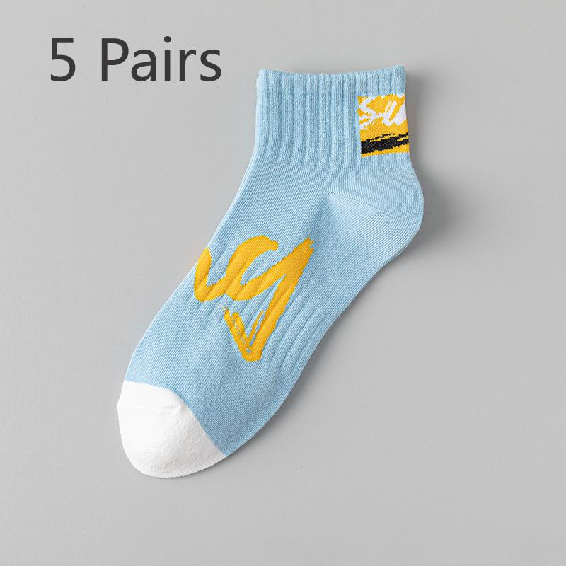 5 Pairs of Socks Men Anti-odour Sweat Cotton Mid-calf Trend Teenagers High School Students Summer Short Sports Basketball Socks