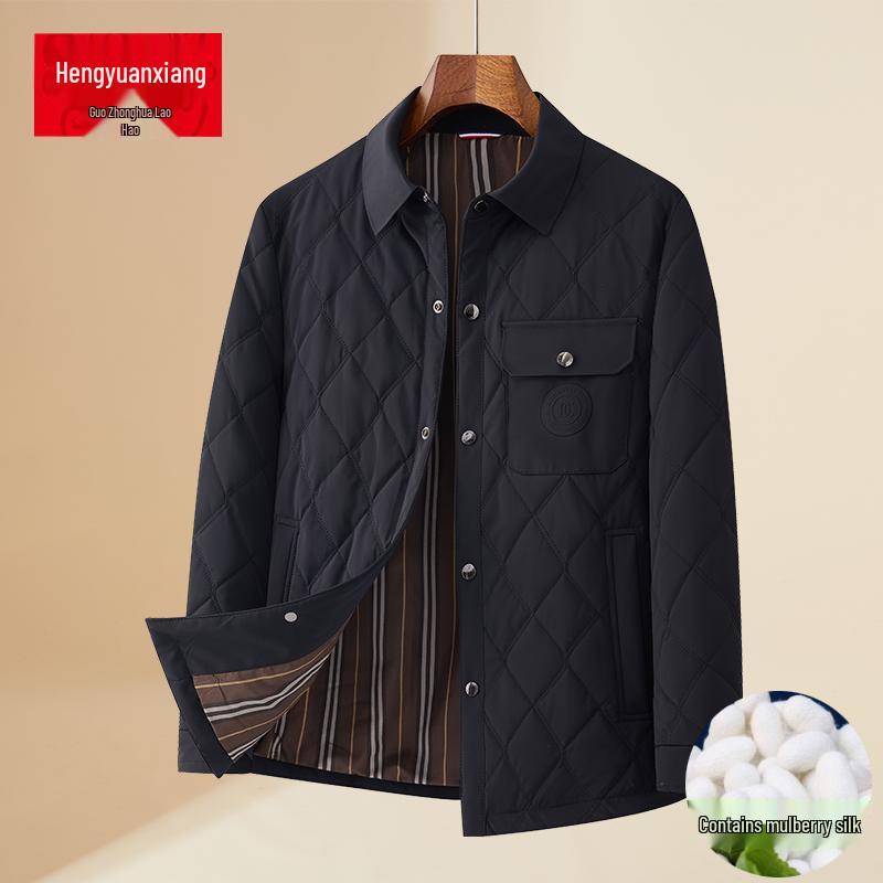 Lekka pikowana kurtka męska z wzorem rombów - Jedwab morwowy, Ciepła odzież wierzchnia na jesień/zimę.