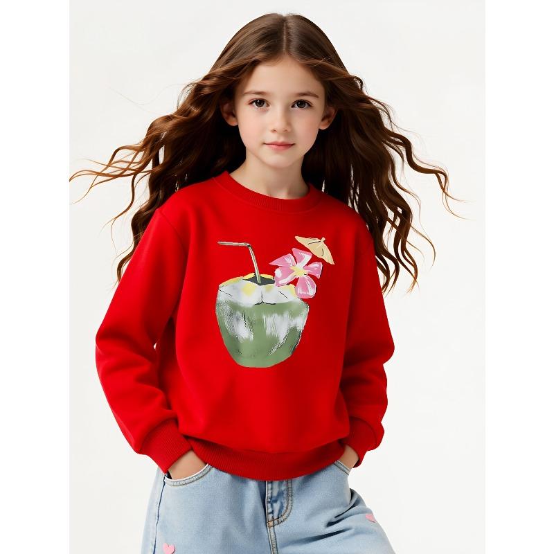 Kids Sweatshirt Crewneck Sweatshirt Coconut Drink with Flower And Straw Machine Washable, Spring And Autumn, Sportswear And Casual Wear