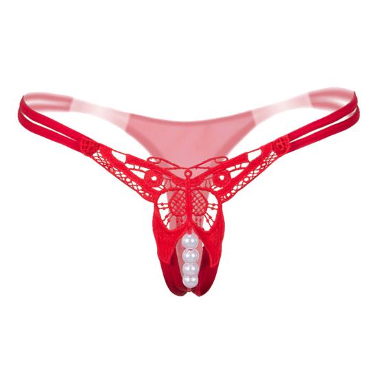 Hot Sexy Faux Pearl String Massasje Åpent Skritt Undertøy Truse Lady G-String