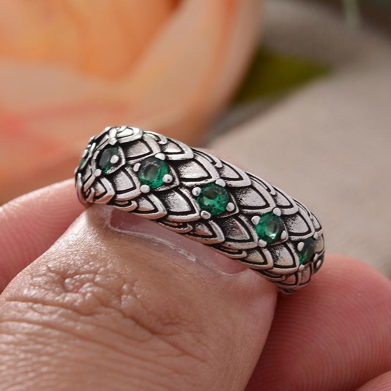 Hand Jewellery Accessories Retro Snake Scales Green Crystal Thai Silver Man Ring Birthday Gifts No Fade