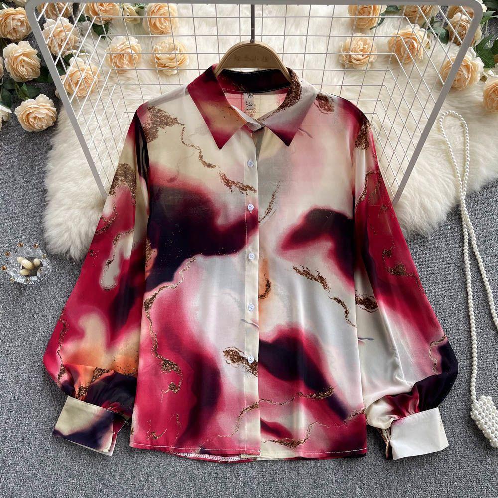 Women s Printed Shirt Slim-fit Lantern Sleeve Floral Shirt Chiffon Shirt Spring S розы красного