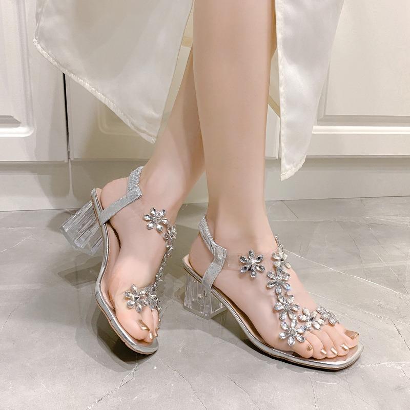 Fashion large size women's sandals spring and summer new square head crystal thick heel medium heel transparent women's high heels