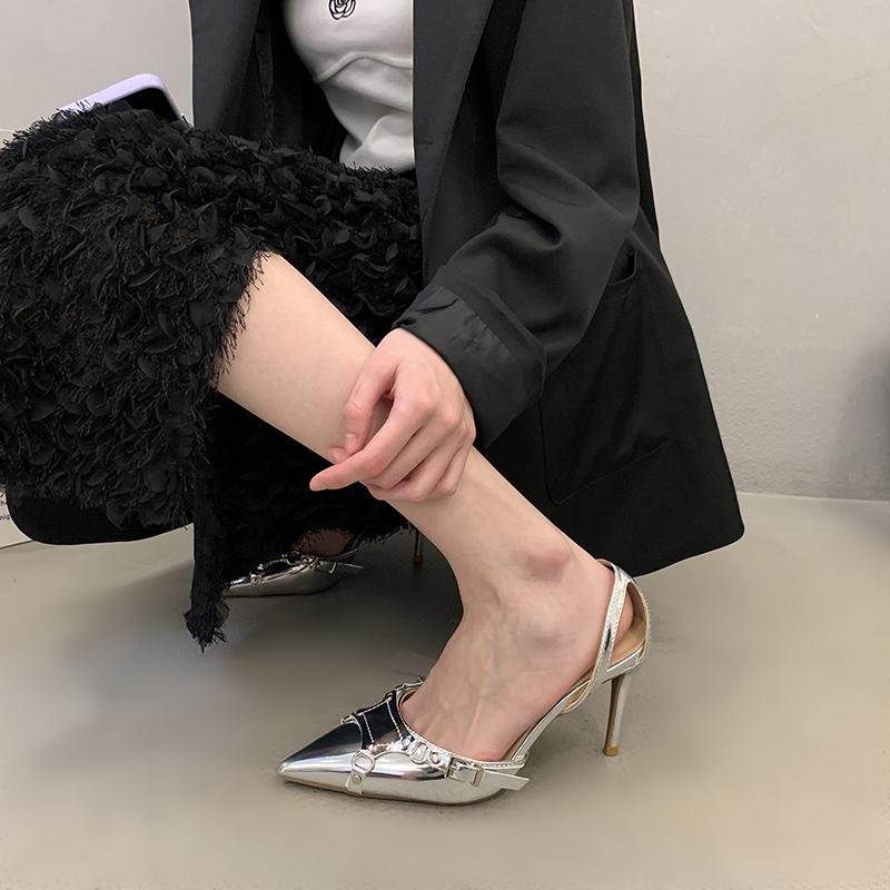 New Style High Heels Sandals Women Summer Punk Goth Pointed Toe Party Shoes Woman Metallic Thin Heeled Dress Pumps Ladies 2025