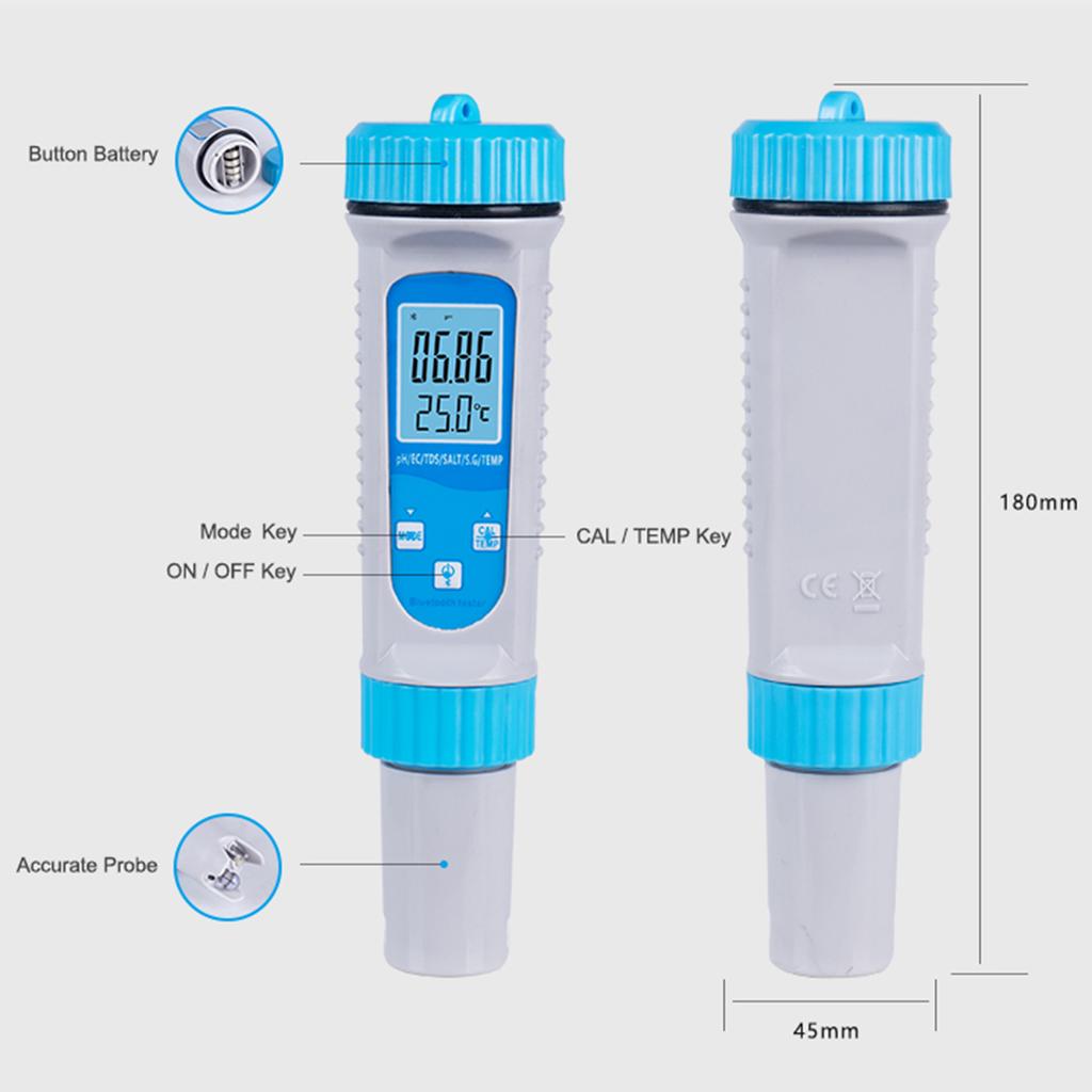 Smart BT 6 in 1 Ph Tester Acqua della piscina PH EC TDS SALT SG Tester di temperatura Qualità dell'acqua della piscina