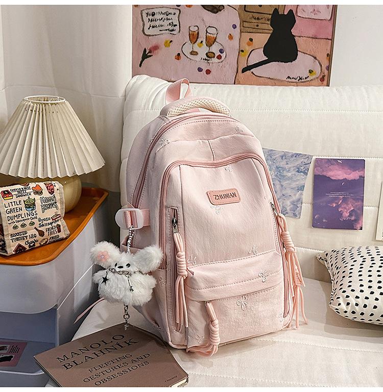 Schoolbag Cute Bow Embroidered Backpack Female Student Backpack Large Capacity Plush Pendant Elementary School Student Junior School Bag