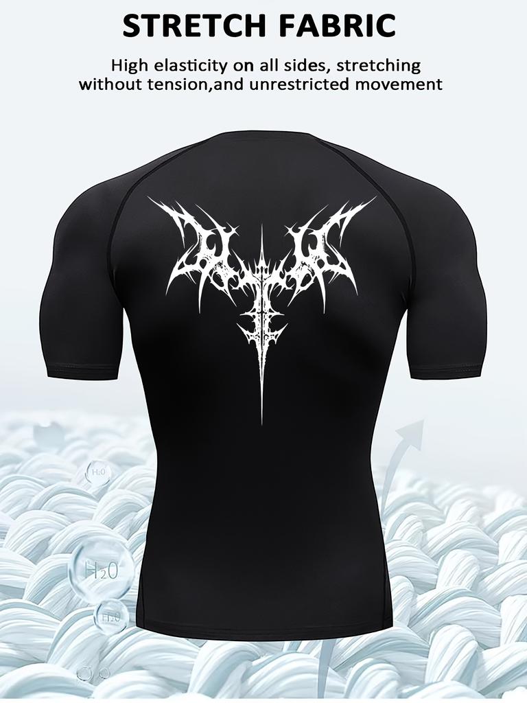 Mens Compression Short Sleeve T-Shirt Black Tribal Symmetry Graphic High Elasticity Stretch Fabric Gym And Running Athletic Top