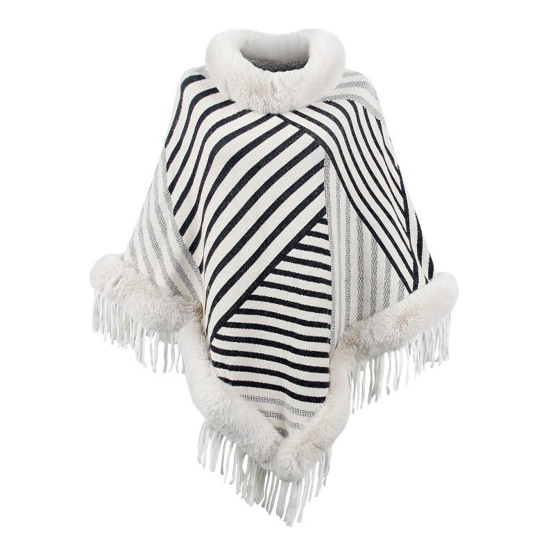 Autumn and Winter Women Stripe Loose Bat Sleeve Cross Border Cloak Cardigan Knitwear Half High Collar Sweater