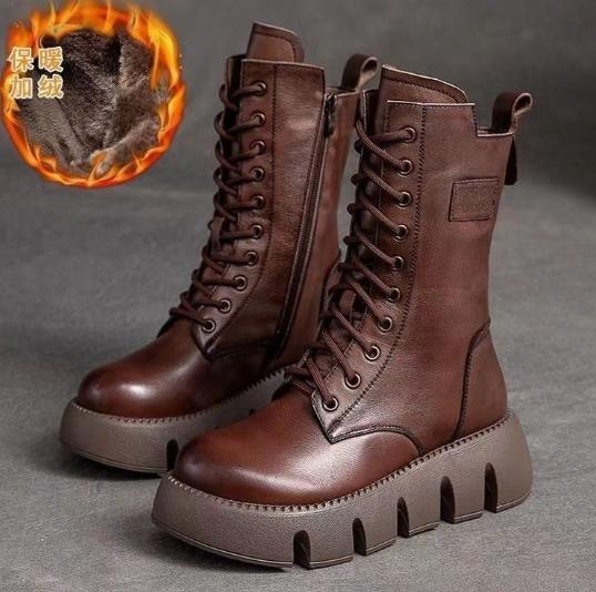 Téli Bőr Női Csizma Kerek Orrú Közepes Sarkú Bokacsizma Nőknek Fűzős Meleg Hócsizma Retro Női Platform Motoroscsizma Nőknek