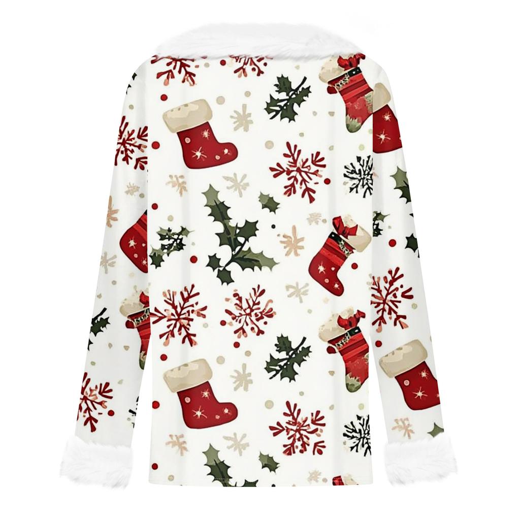 Women's Fashion Long Sleeve Christmas V-Neck Printed Party Furry Top