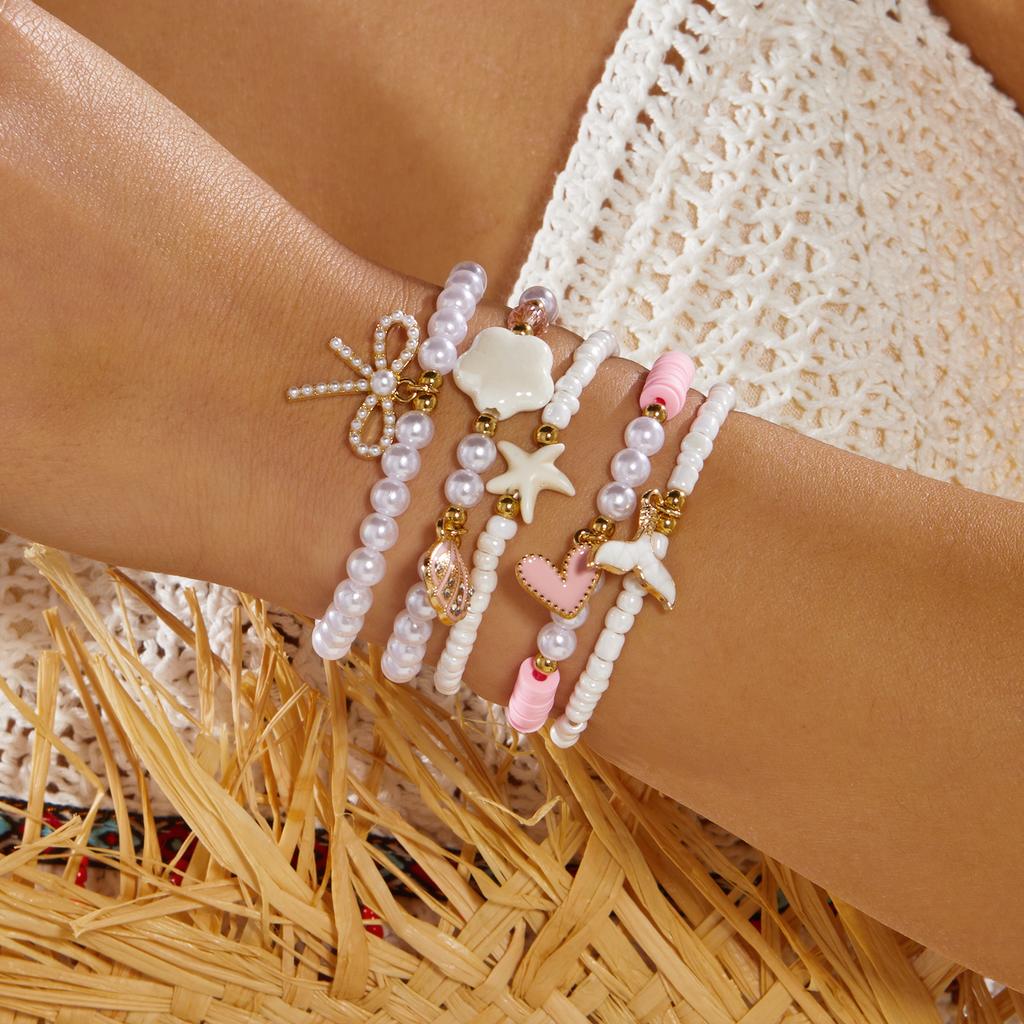 5pcs/set Bohemian Starfish Shell Imitation Pearl Bracelet for Women Ethnic Style Pink Beads Fishtail Flower Bangle Beach Jewelry