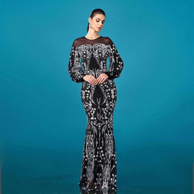 European and American New Style High-End Long-Sleeved Round-Neck Sequined Hip-Hugging Fishtail Evening Dress Bridesmaid Dress Black Silver S