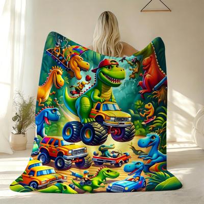 1pc Colorful Dinosaur Driving Monster Truck In Jungle Scene Printed Flannel Blanket | Polyester, Suitable for Sofa, Bed, Office, Shawl, Camping and Tr