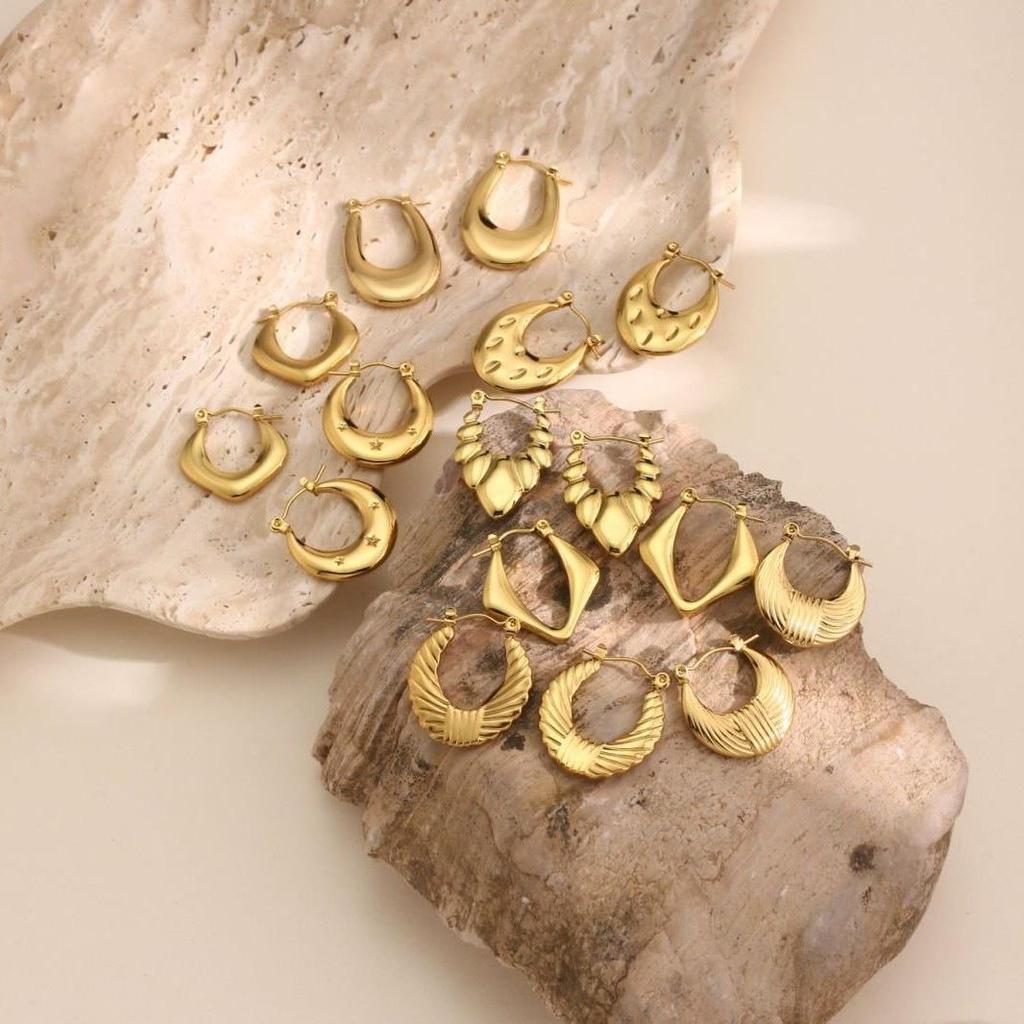 18K Gold Plated Geometric Hammered Stainless Steel Hoop Earrings
