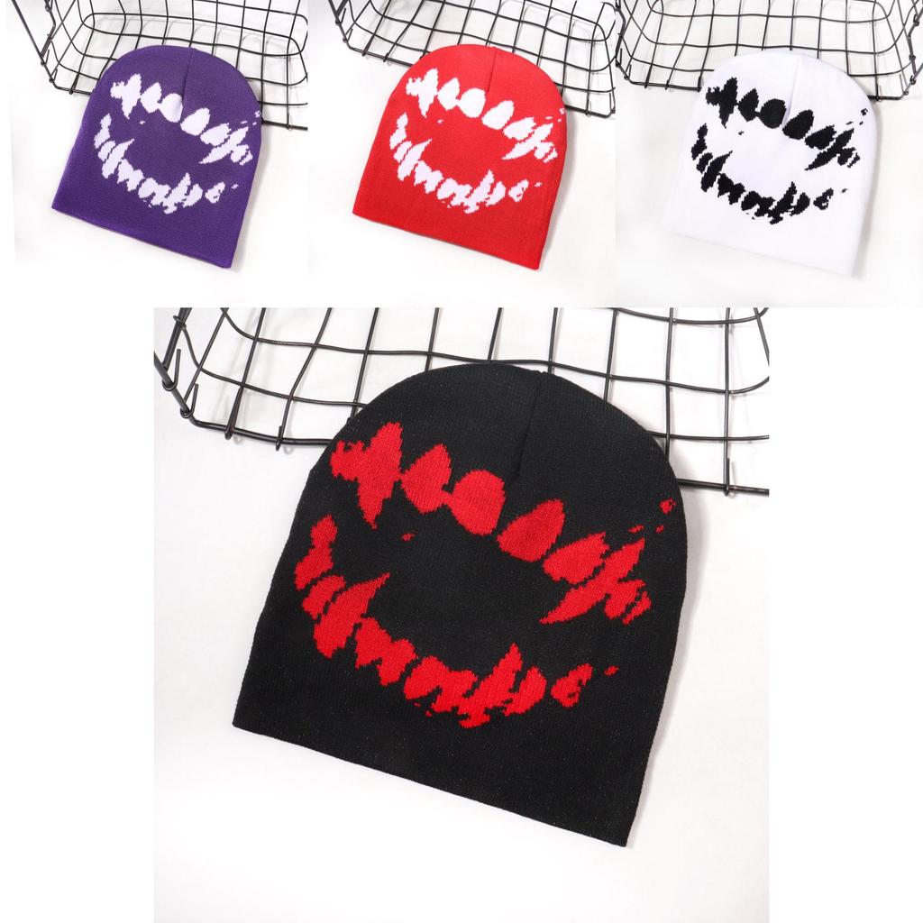 Unisex Acrylic Beanie With Face Design Casual Outdoor Hat For Autumn Use