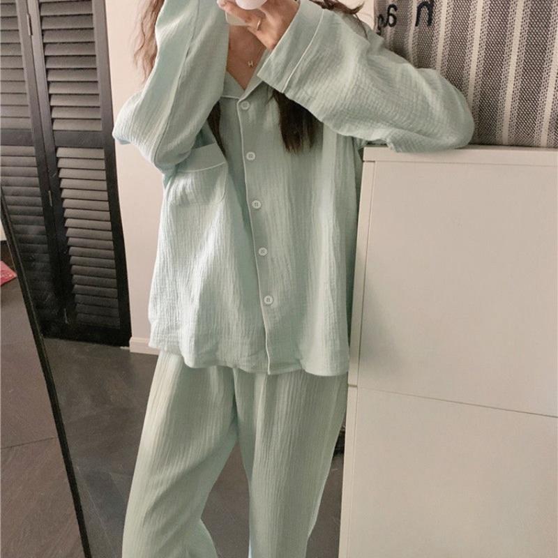 Autumn Women's Long-Sleeved Pajamas Homewear Set of Sweet Girls Long Trousers Pajamas Bubble Cotton Casual Homewear