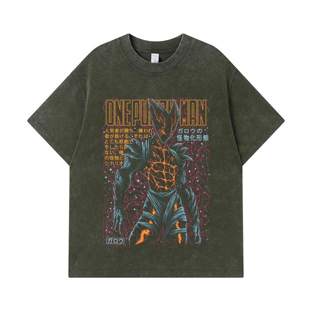 

275 GSM Washed T-shirts 100% Cotton One Punch Man V8 Garou Print Unisex Heavy Cotton T Shirt S армия зеленый