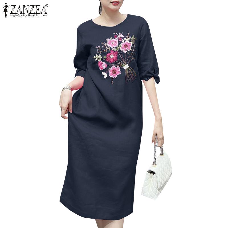 

ZANZEA Женское повседневное летнее платье с цветочной вышивкой и коротким рукавом 4XL хаки