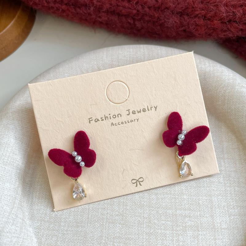 Cute Red Bow Flocking Earrings Simple Elegant Exquisite Sweet Festive Earrings Ear Studs Jewelry Accessories New Year Gifts