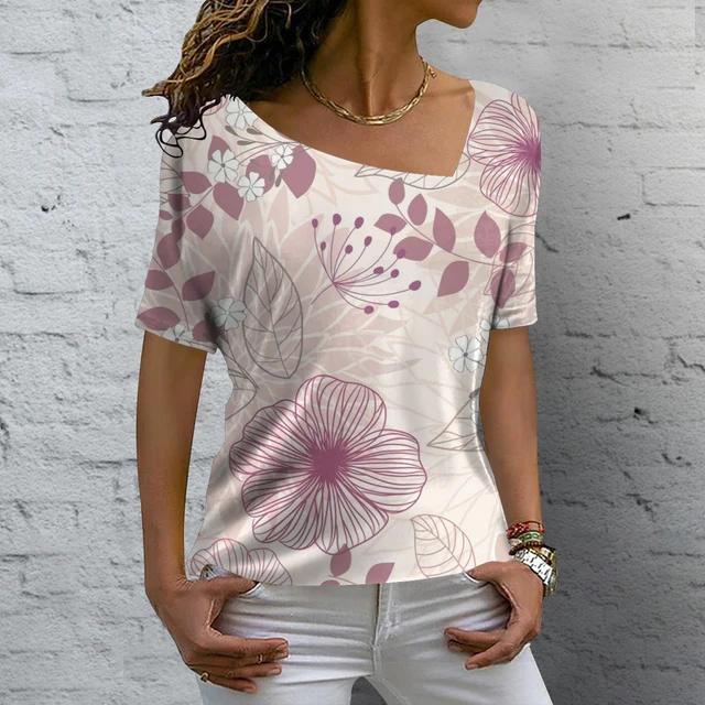 V-neck Fashion T Shirt Summer Flower Printing Short Sleeve Women's Casual Basic T-Shirt Ladies Vintage Elegance Tops
