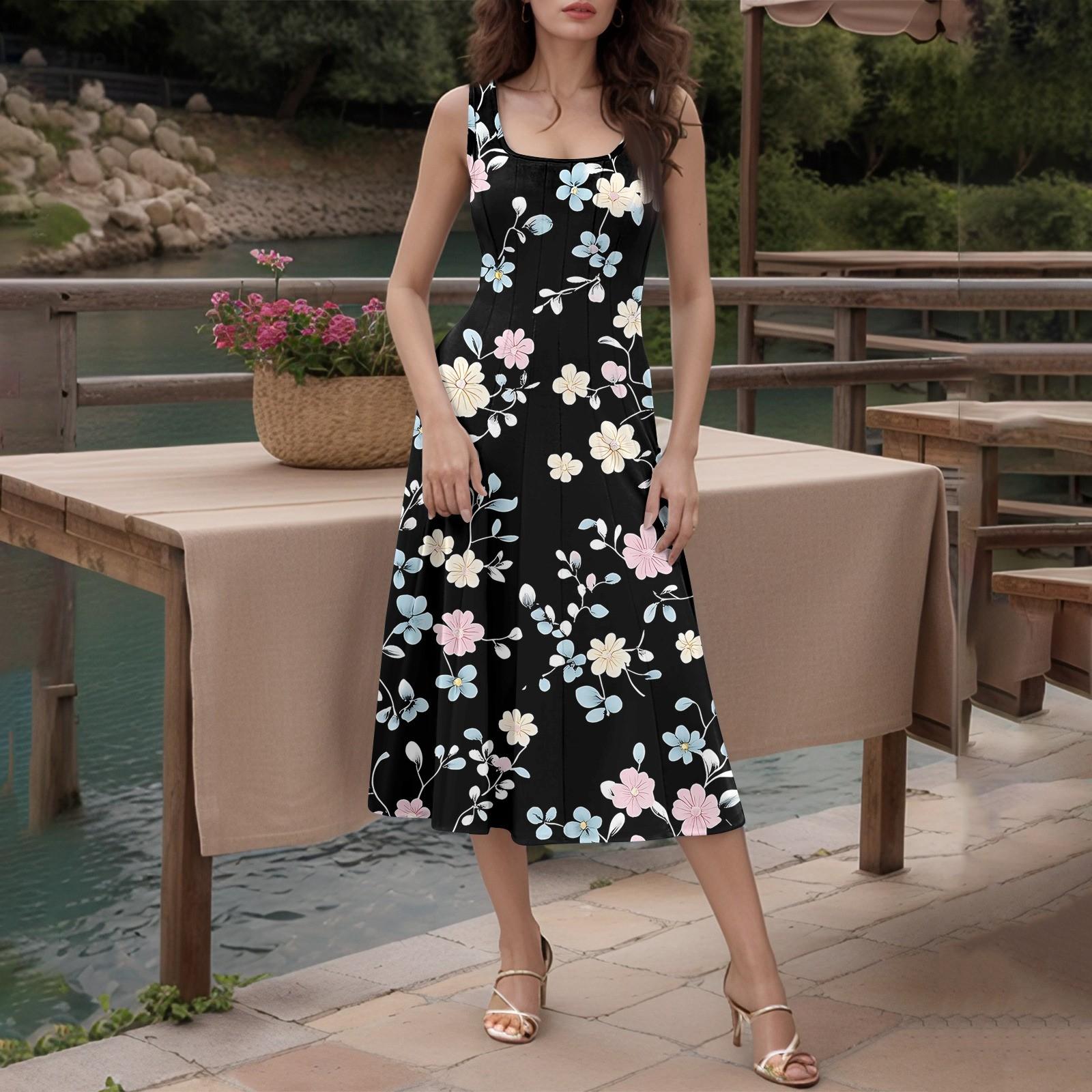 

Женское повседневное модное платье миди с круглым вырезом без рукавов и боковыми карманами L чёрный