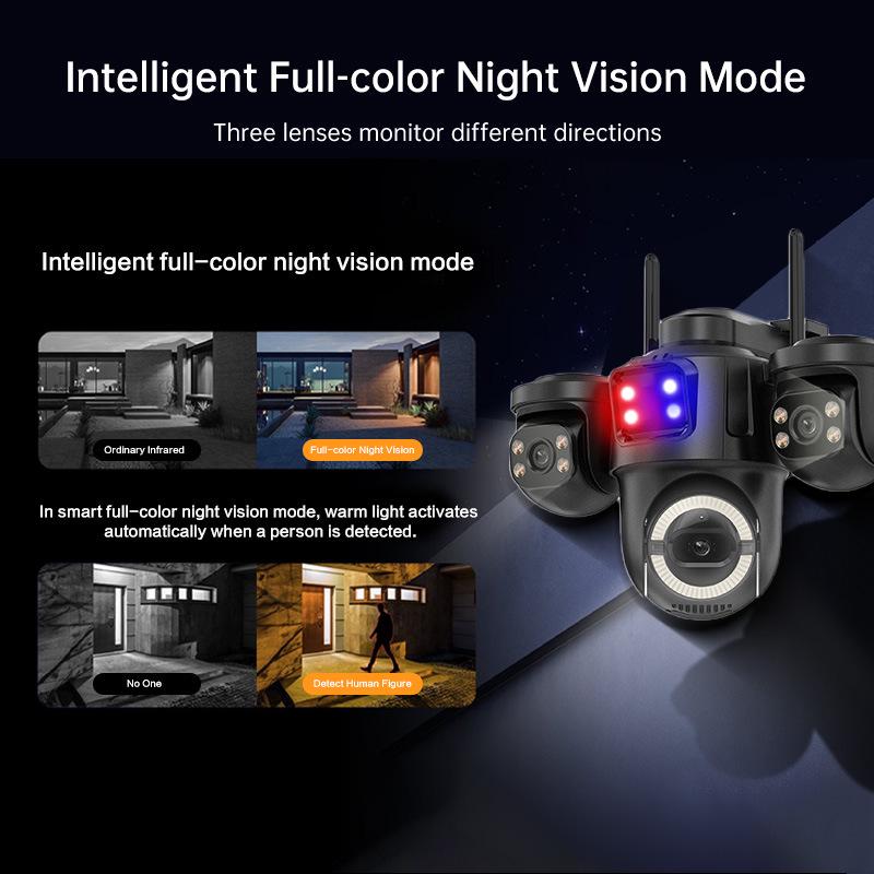ICSEE 3-Lens WiFi Surveillance Camera with Warning Light for Indoor/Outdoor Use