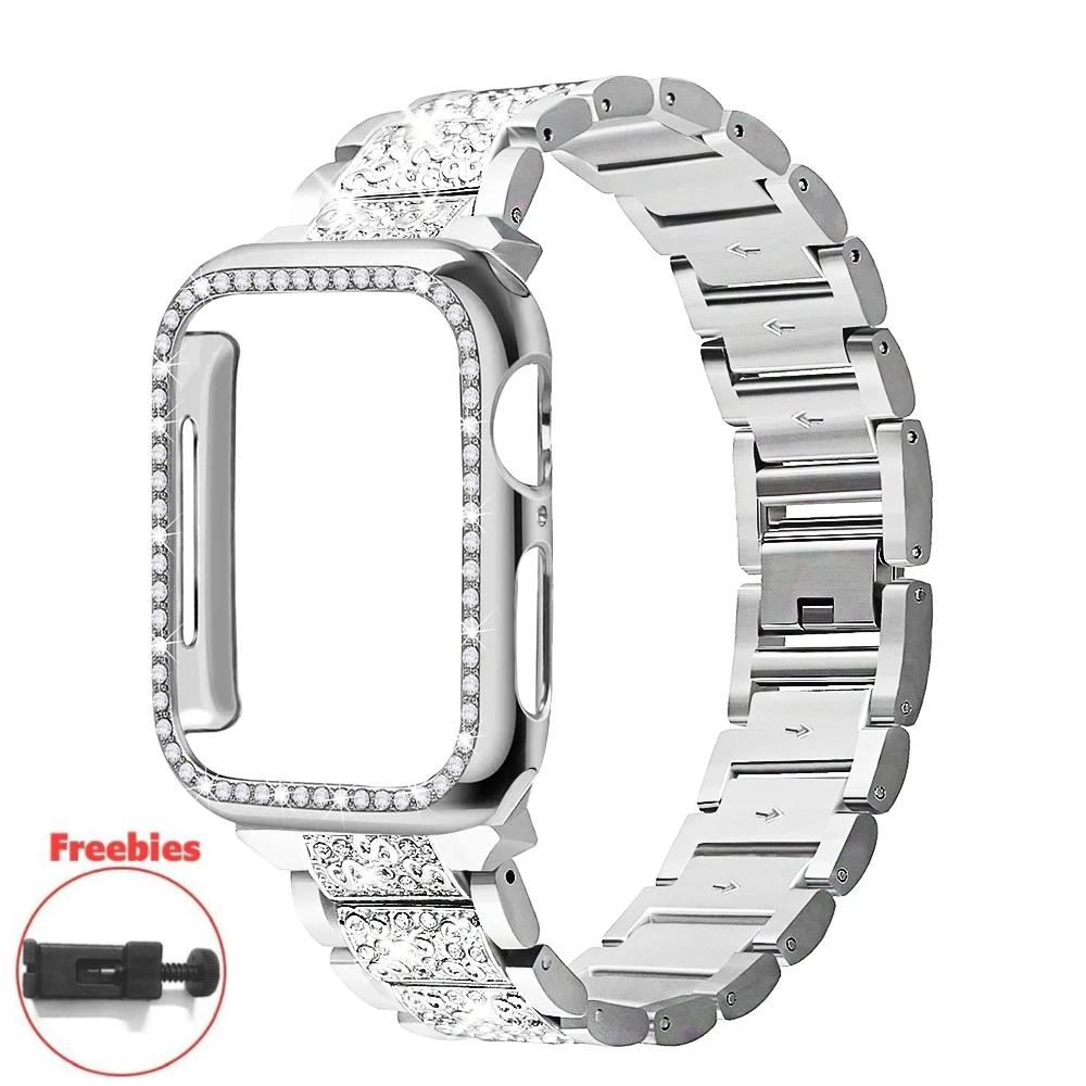 

Бриллиантовый ремешок для Apple Watch 10 46 мм Корпус+Ремешок Металлический браслет Correa для Iwatch 9 se 3 2 1 Ultra 49 мм 42/41/44/45/38/40 мм Наручный ремешок 45mm серебряный